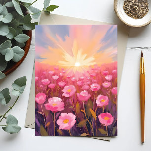 Pink Flower Field Watercolor Floral Postcard