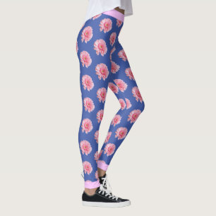 Pink Flower Floral Pattern on BLUE Leggings
