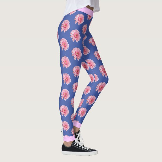 Pink Flower Floral Pattern on BLUE Leggings (Right)