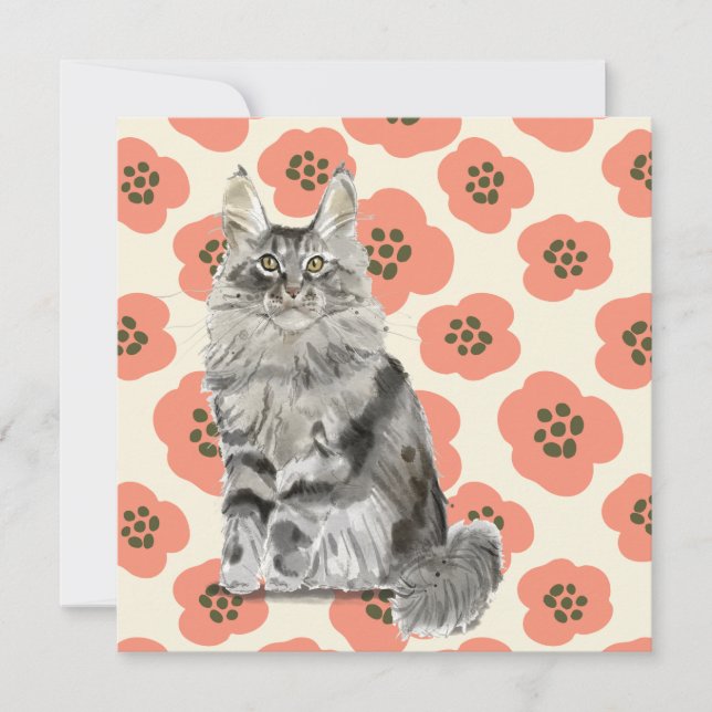 Pink Flower Floral Watercolor Grey Maine Coon Cat (Front)