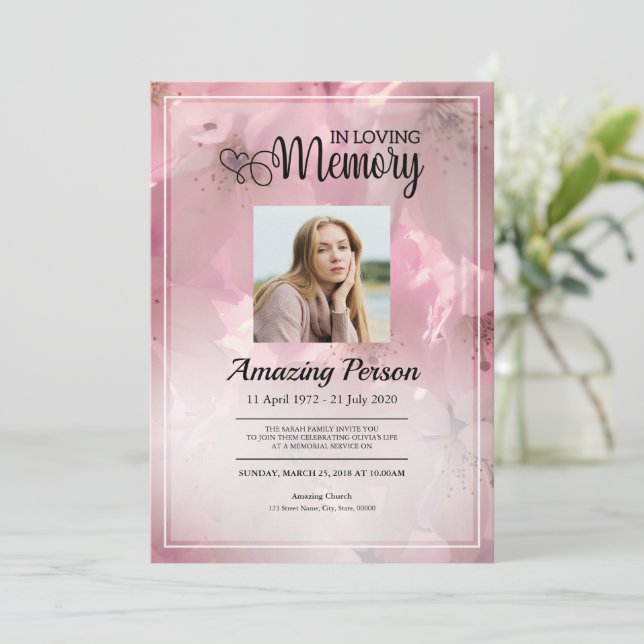 Pink flower Funeral order of service Invitation (Standing Front)