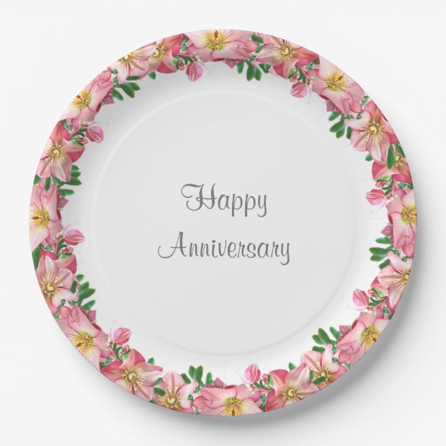Pink Flower Garland on White Happy Anniversary Paper Plate (Front)