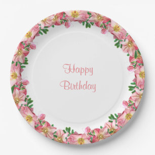 Pink Flower Garland on White Happy Birthday Paper Plate