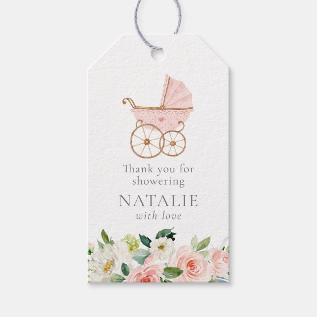 Pink Flower Girl Baby Shower Favour Tag (Front)