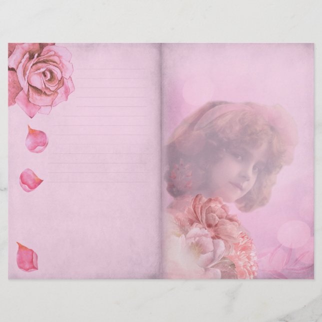 Pink Flower Girl Vintage Scrapbook Paper (Front)