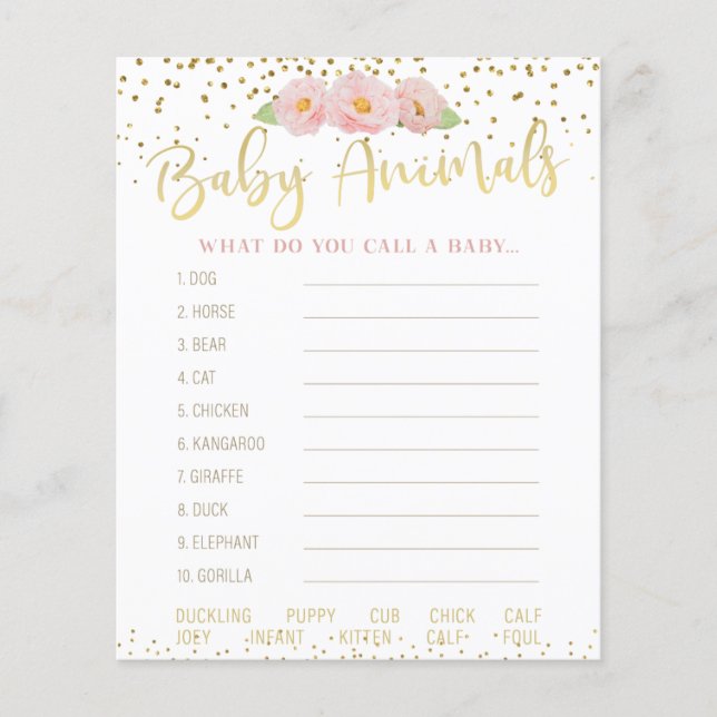 Pink Flower Gold Confetti Baby Animals Shower Game (Front)