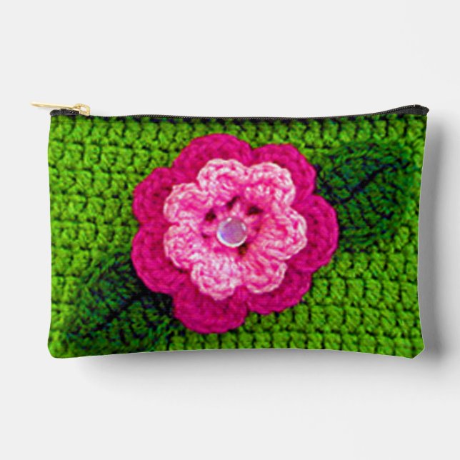 Pink Flower Grass Green Leaf Artisan Crochet Print Accessory Pouch (Front)