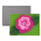 Pink Flower Grass Green Leaf Artisan Crochet Print
