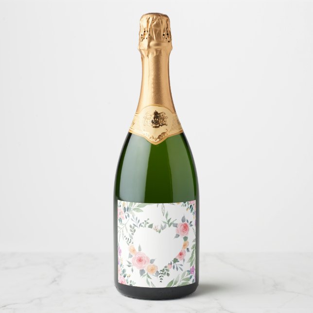 Pink Flower Heart Sparkling Wine Label (Front)