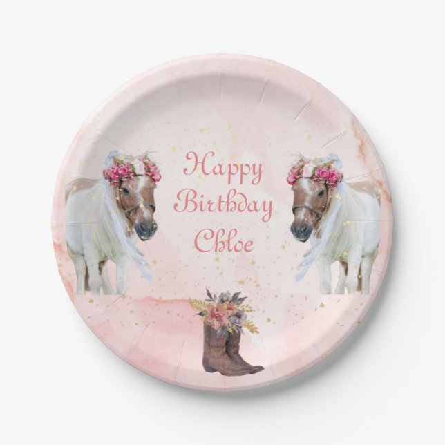 Pink Flower Horse Birthday Paper Plates (Front)