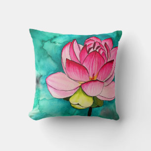 Pink flower lotus fine art watercolor throw pillow