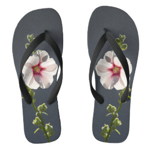 Pink Flower Mallow green leaves on dark grey Flip Flops