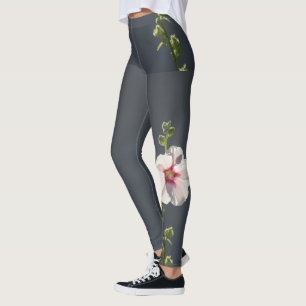 Pink Flower Mallow green leaves on dark grey  Leggings