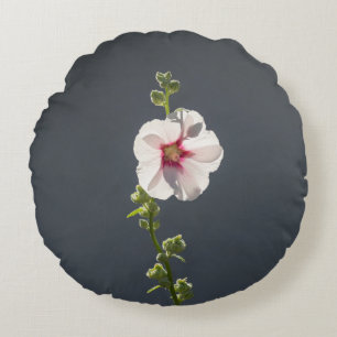 Pink Flower Mallow green leaves on dark grey Round Pillow
