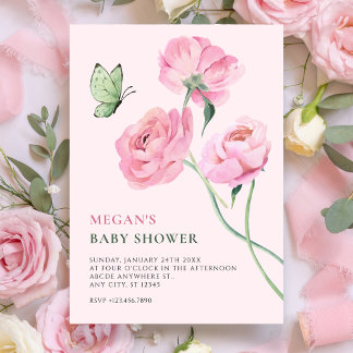 Pink flower minimalist baby shower invitation
