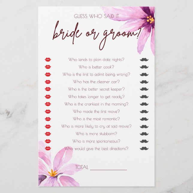 Pink Flower Minimalist Bridal Shower Game (Front)