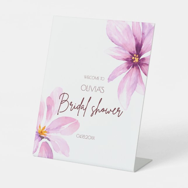 Pink Flower Minimalist Bridal Shower Welcome Pedestal Sign (Front)