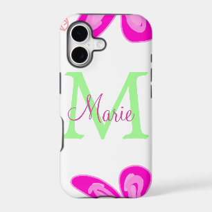 Pink flower monogram add name letter green leaf