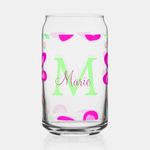 Pink flower monogram add name letter green leaf can glass