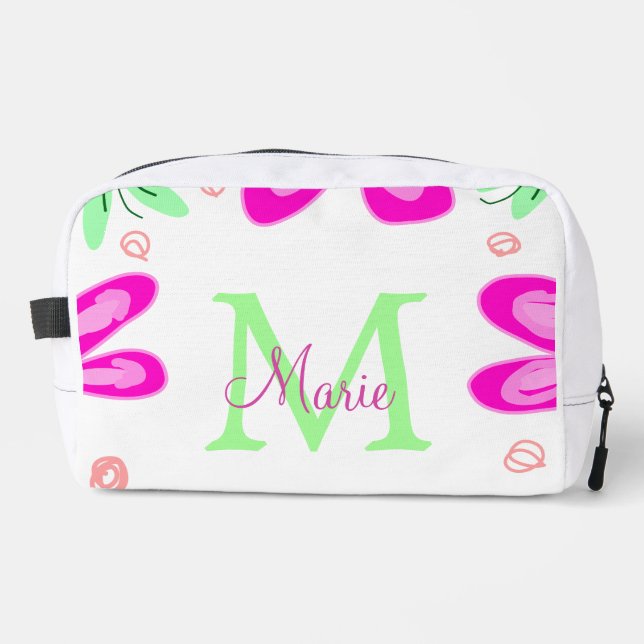 Pink flower monogram add name letter green leaf dopp kit (Front)