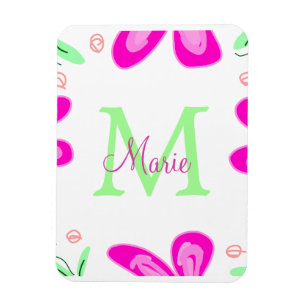 Pink flower monogram add name letter green leaf magnet
