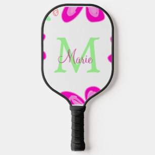 Pink flower monogram add name letter green leaf pickleball paddle