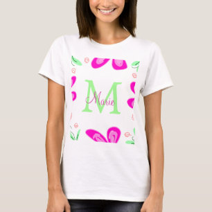 Pink flower monogram add name letter green leaf T-Shirt