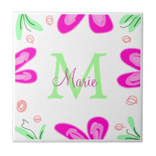 Pink flower monogram add name letter green leaf tile