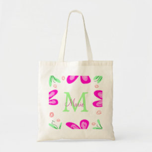 Pink flower monogram add name letter green leaf tote bag