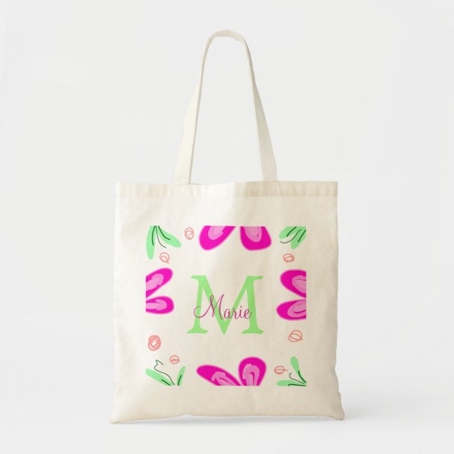 Pink flower monogram add name letter green leaf tote bag (Front)