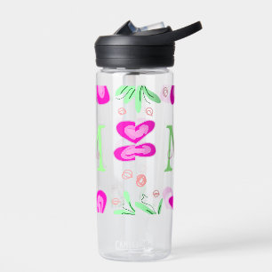 Pink flower monogram add name letter green leaf water bottle