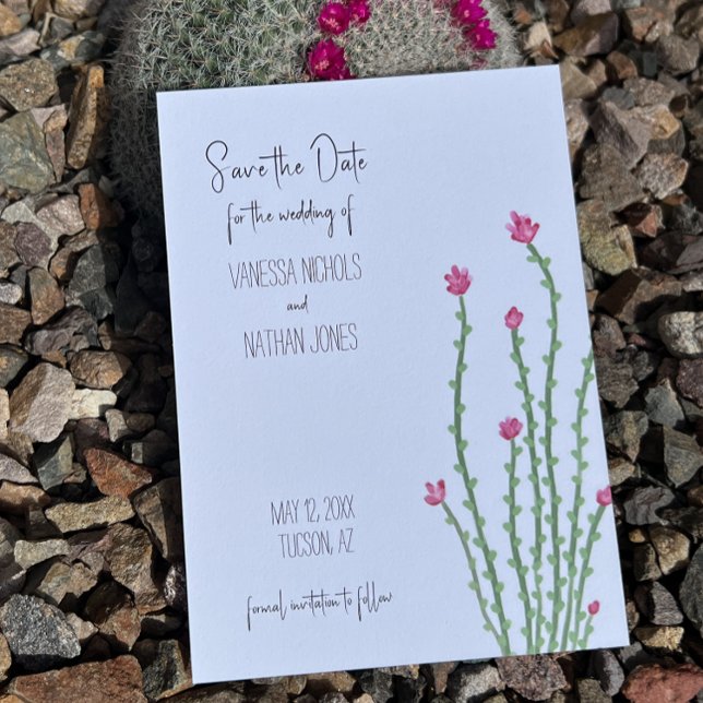 Pink Flower Ocotillo Cactus Save The Date Card (Creator Uploaded)