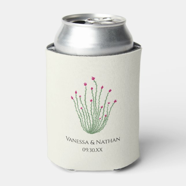 Pink Flower Ocotillo Cactus Wedding Can Cooler (Can Front)
