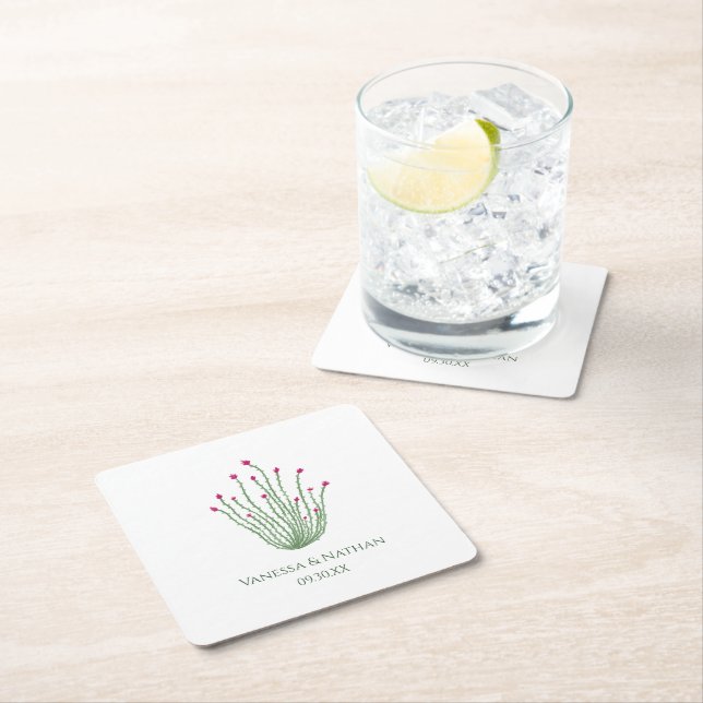 Pink Flower Ocotillo Cactus Wedding Cocktail Hour Square Paper Coaster (Insitu)