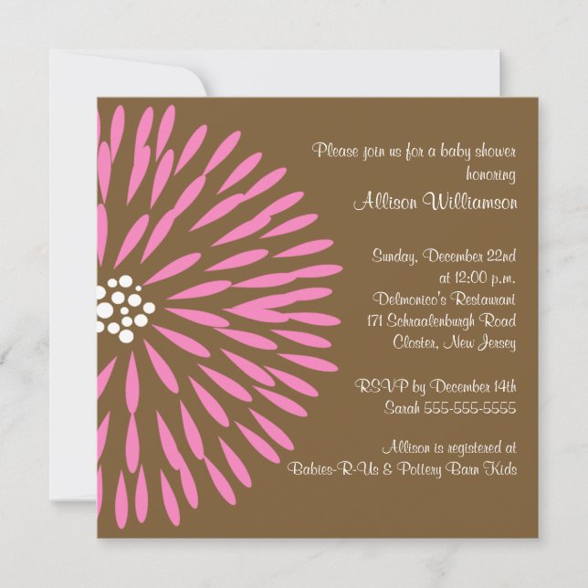 Pink Flower on Brown Baby Shower Invitation (Front)