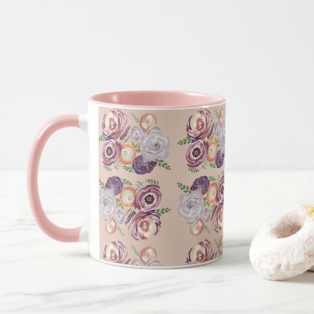 Pink Flower Painting Bouquet Coffee Mug (With Donut)