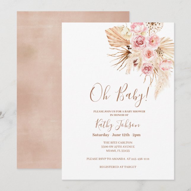 Pink Flower Pampas Grass Boho Chic Baby Shower  Invitation (Front/Back)