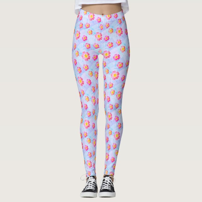 Pink Flower Pattern on Pastel Colours Leggings (Front)
