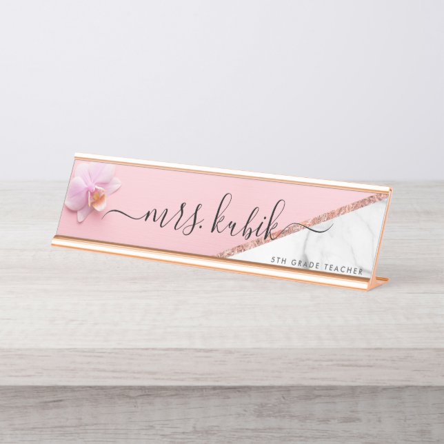 Pink Flower Personalized Teacher Desk Name Plate (Front)