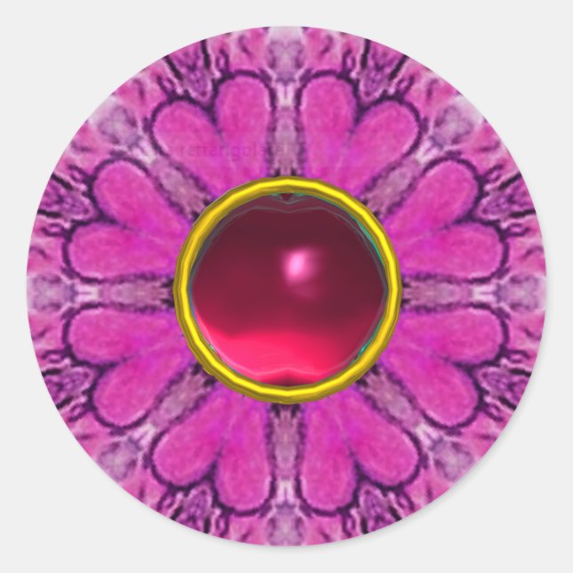PINK FLOWER PETALS,FLORAL HEARTS AND RUBY GEMSTONE CLASSIC ROUND STICKER (Front)