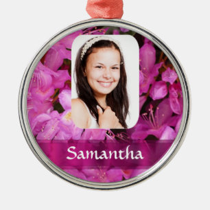 Pink flower photo template metal ornament
