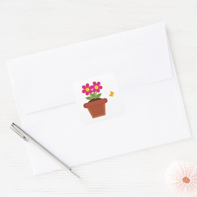 Pink Flower Pot with Butterfly Square Sticker (Creator Uploaded)