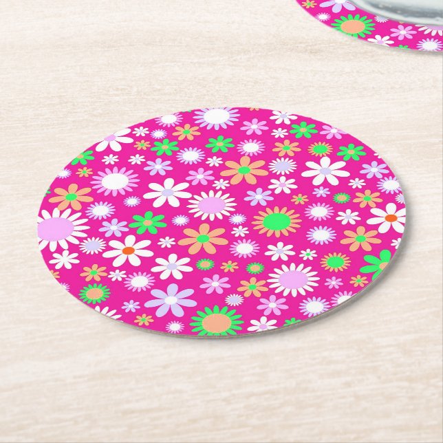 Pink Flower Power Round Paper Coaster (Angled)