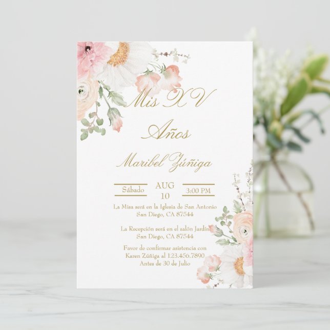 Pink flower Quinceanera invitation (Standing Front)