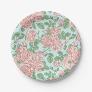 Pink Flower Rose Garden Bouquet Pattern Paper Plate