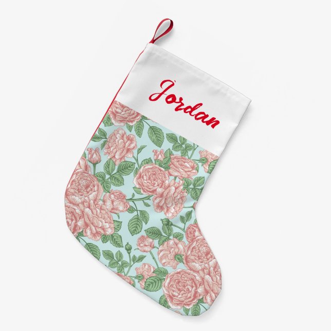 Pink Flower Rose Garden Bouquet Pattern Small Christmas Stocking (Front (Hanging))