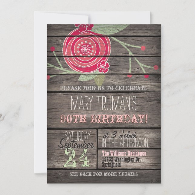 Pink Flower, Rustic Country 90th Birthday Party Invitation (Front)