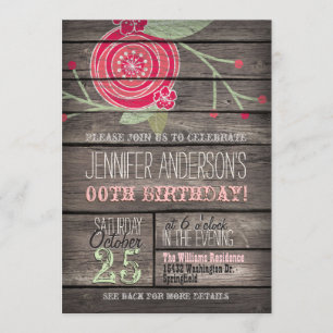 Pink Flower, Rustic Country Adult or Teen Birthday Invitation