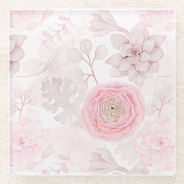 Pink Flower Succulent Illustration Summer Pattern Glass Coaster (Front)