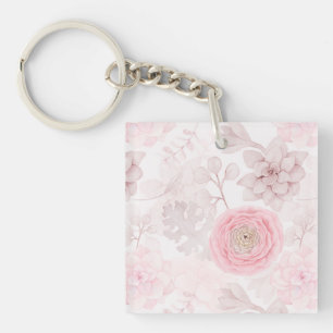 Pink Flower Succulent Illustration Summer Pattern Keychain